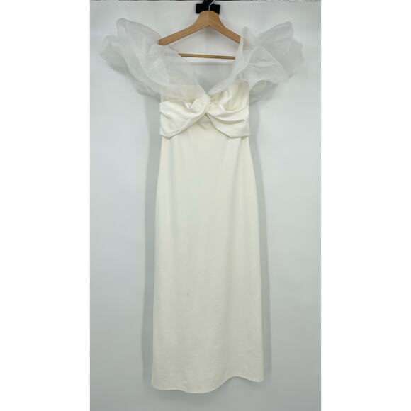 Line & Dot | Starlet Midi Sheath Dress Organza Off Shoulder Sleeves in Ivory S - Picture 4 of 16